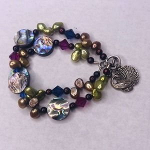 Sterling SIlver Peacock Charm Bracelet Beaded Double Strand Pearl Shell Glass 7"